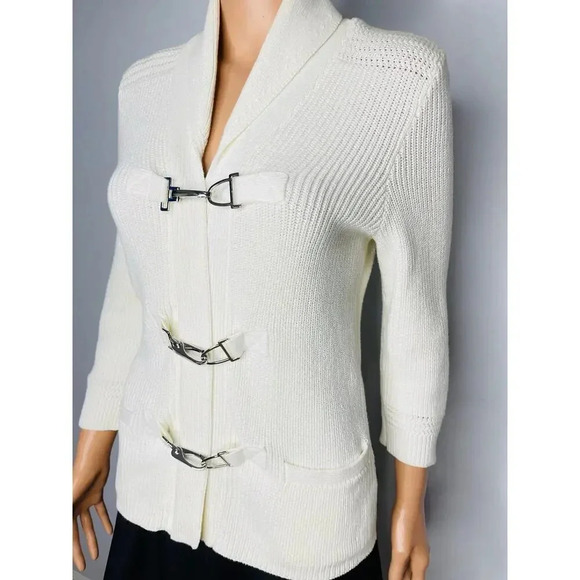 Lauren Ralph Lauren Cotton Shawl Collar Knit Sweater Cardigan size PM White - Picture 2 of 10